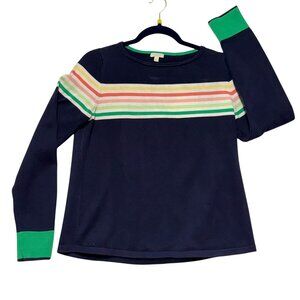 Talbots Petite Navy Sweater With Rainbow‎ Stripes & Green Cuffs MP